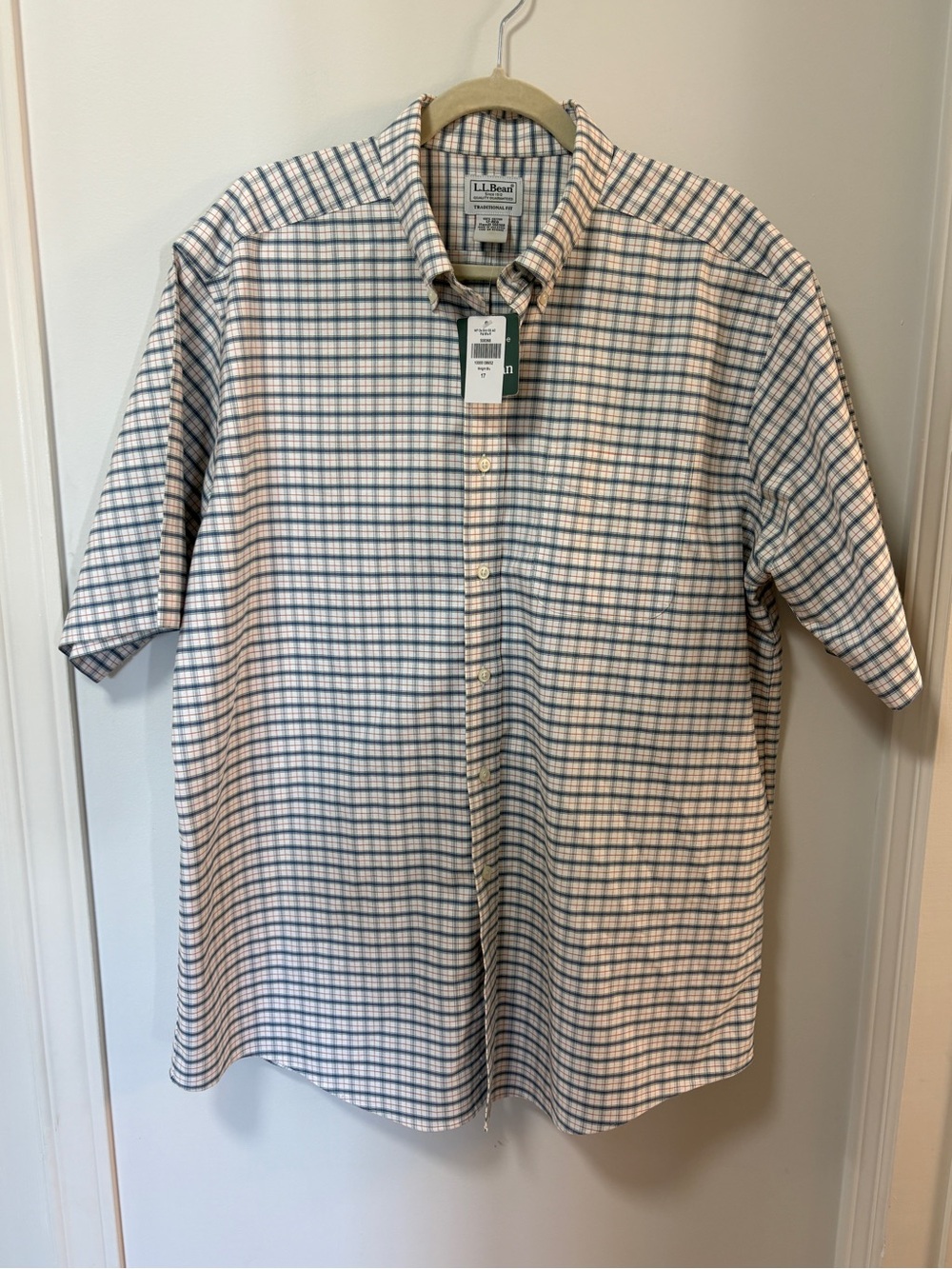 LL Bean Short Sleeve Button Down Shirt Plaid Sz 17 NEW White Blue Preppy outdoor